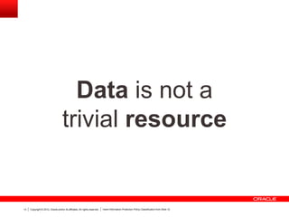 Copyright © 2012, Oracle and/or its affiliates. All rights reserved. Insert Information Protection Policy Classification from Slide 1213
Data is not a
trivial resource
 