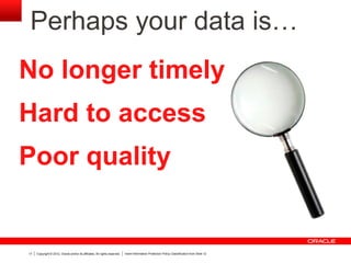 Copyright © 2012, Oracle and/or its affiliates. All rights reserved. Insert Information Protection Policy Classification from Slide 1217
No longer timely
Hard to access
Poor quality
Perhaps your data is…
 