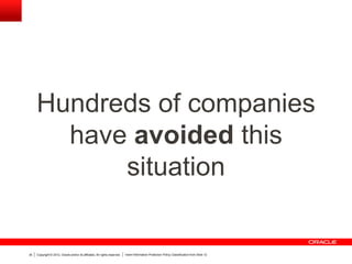 Copyright © 2012, Oracle and/or its affiliates. All rights reserved. Insert Information Protection Policy Classification from Slide 1235
Hundreds of companies
have avoided this
situation
 
