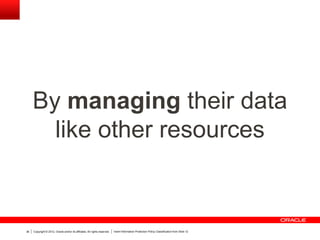 Copyright © 2012, Oracle and/or its affiliates. All rights reserved. Insert Information Protection Policy Classification from Slide 1236
By managing their data
like other resources
 