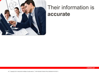 Copyright © 2012, Oracle and/or its affiliates. All rights reserved. Insert Information Protection Policy Classification from Slide 1240
Their information is
accurate
 