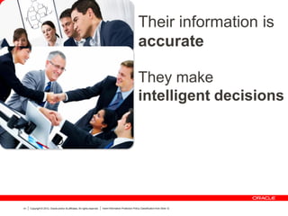 Copyright © 2012, Oracle and/or its affiliates. All rights reserved. Insert Information Protection Policy Classification from Slide 1241
Their information is
accurate
They make
intelligent decisions
 