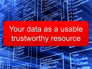 Copyright © 2012, Oracle and/or its affiliates. All rights reserved. Insert Information Protection Policy Classification from Slide 1254
Your data as a usable
trustworthy resource
 