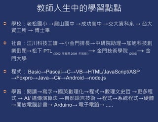 PTL (2002   2008   )           (2002)




    Basic Pascal C VB HTML/JavaScript/ASP
Foxpro Java C# Android node.js


  AI/
              Arduino           .....
 