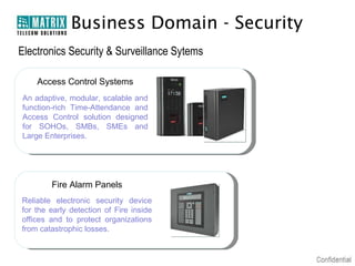 Business Domain - Security
Electronics Security & Surveillance Sytems

    Access Control Systems
An adaptive, modular, scalable and
function-rich Time-Attendance and
Access Control solution designed
for SOHOs, SMBs, SMEs and
Large Enterprises.




        Fire Alarm Panels
Reliable electronic security device
for the early detection of Fire inside
offices and to protect organizations
from catastrophic losses.
 