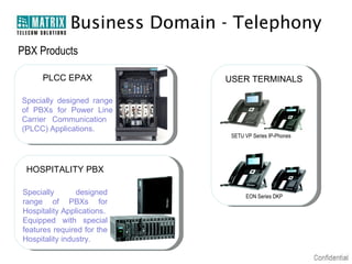 Business Domain - Telephony
PBX Products

     PLCC EPAX                USER TERMINALS

Specially designed range
of PBXs for Power Line
Carrier Communication
(PLCC) Applications.
                               SETU VP Series IP-Phones




 HOSPITALITY PBX

Specially       designed            EON Series DKP
range of PBXs for
Hospitality Applications.
Equipped with special
features required for the
Hospitality industry.
 
