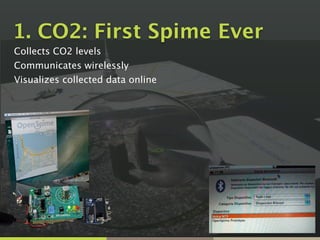 1. CO2: First Spime Ever 
Collects CO2 levels
Communicates wirelessly
Visualizes collected data online
 