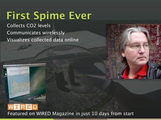 First Spime Ever 
Collects CO2 levels
Communicates wirelessly
Visualizes collected data online
Featured on WIRED Magazine in just 10 days from start
BruceSterling
 