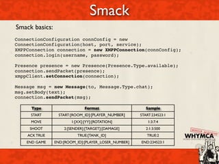 Smack
Smack basics:
ConnectionConfiguration connConfig = new
ConnectionConfiguration(host, port, service);
XMPPConnection connection = new XMPPConnection(connConfig);
connection.login(username, password);

Presence presence = new Presence(Presence.Type.available);
connection.sendPacket(presence);
xmppClient.setConnection(connection);

Message msg = new Message(to, Message.Type.chat);
msg.setBody(text);
connection.sendPacket(msg);

     Type                     Format                     Sample
     START        START:[ROOM_ID]:[PLAYER_NUMBER]     START:234523:1
     MOVE              1:[XX]:[YY]:[ROTATION]             1:3:7:4
     SHOOT          2:[SENDER]:[TARGET]:[DAMAGE]         2:1:3:500
    ACK TRUE              TRUE:[TANK_ID]                 TRUE:2
    END GAME    END:[ROOM_ID]:[PLAYER_LOSER_NUMBER]   END:234523:1
 