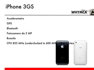 iPhone 3GS Accelerometro GPS Bluetooth Fotocamera da 3 MP Bussola CPU 833 MHz (underclocked to 600 MHz) ARM Cortex GPU PowerVR SGX535 256 MB DRAM 