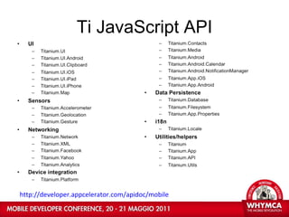 Ti JavaScript API http://developer.appcelerator.com/apidoc/mobile 