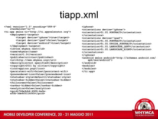 tiapp.xml <?xml version="1.0" encoding="UTF-8" standalone="no"?> <ti:app xmlns:ti="http://ti.appcelerator.org"> <deployment-targets> <target device="iphone">true</target> <target device="ipad">false</target> <target device="android">true</target> </deployment-targets> <id>com.whymca.test</id> <name>whymca</name> <version>1.0</version> <publisher>olivier</publisher> <url>http://www.whymca.org</url> <description>not specified</description> <copyright>2011 by olivier</copyright> <icon>appicon.png</icon> <persistent-wifi>false</persistent-wifi> <prerendered-icon>false</prerendered-icon> <statusbar-style>default</statusbar-style> <statusbar-hidden>false</statusbar-hidden> <fullscreen>false</fullscreen> <navbar-hidden>false</navbar-hidden> <analytics>false</analytics> <guid>746e9cb4-49f6-4afe-af0b-5de9f0116f65</guid> <iphone> <orientations device="iphone"> <orientation>Ti.UI.PORTRAIT</orientation> </orientations> <orientations device="ipad"> <orientation>Ti.UI.PORTRAIT</orientation> <orientation>Ti.UI.UPSIDE_PORTRAIT</orientation> <orientation>Ti.UI.LANDSCAPE_LEFT</orientation> <orientation>Ti.UI.LANDSCAPE_RIGHT</orientation> </orientations> </iphone> <android xmlns:android="http://schemas.android.com/apk/res/android"> </android> <modules> </modules> </ti:app> 