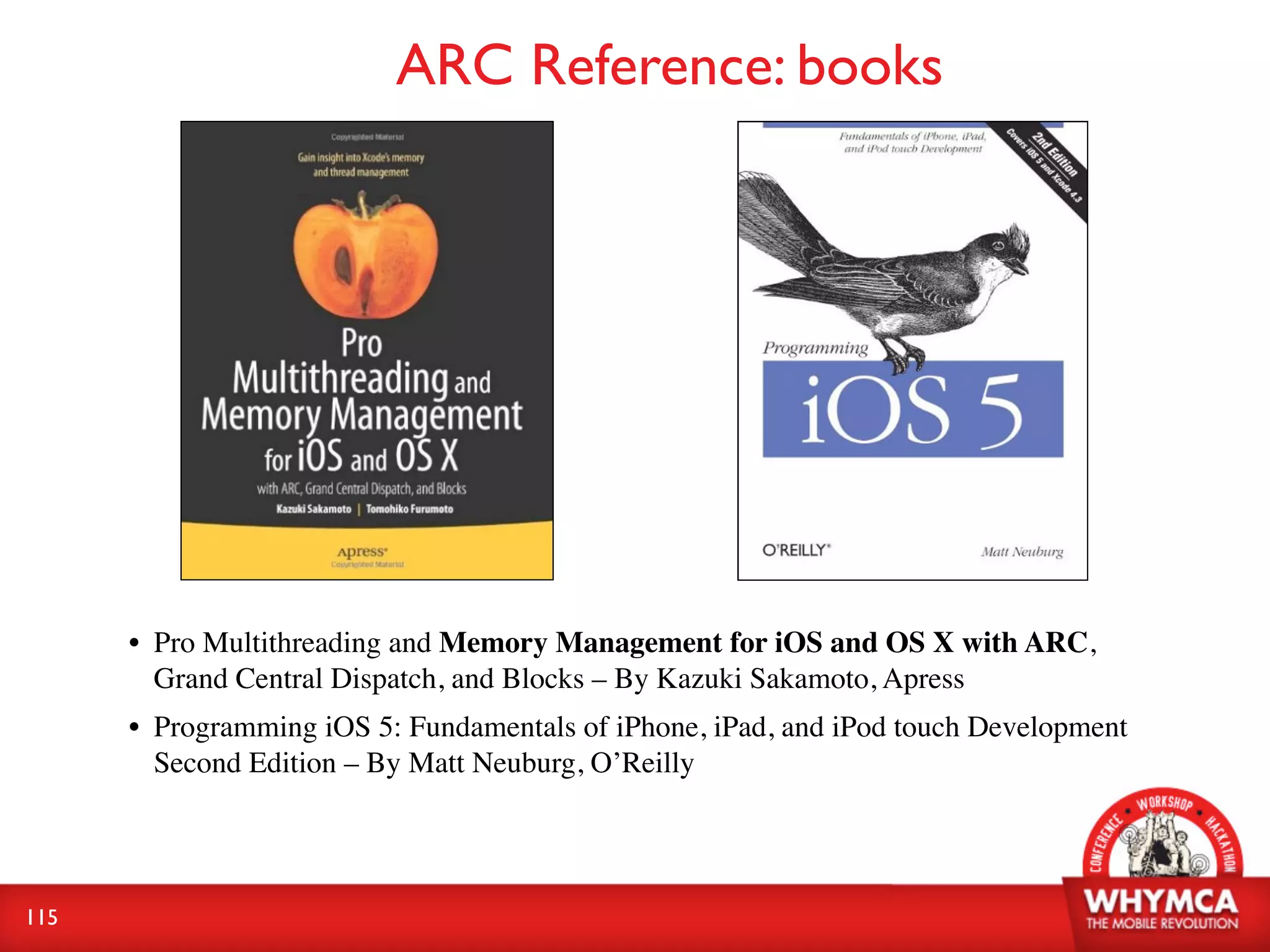 ARC Reference: books




      • Pro Multithreading and Memory Management for iOS and OS X with ARC,
        Grand Central Dispatch, and Blocks – By Kazuki Sakamoto, Apress
      • Programming iOS 5: Fundamentals of iPhone, iPad, and iPod touch Development
        Second Edition – By Matt Neuburg, O’Reilly




115
 