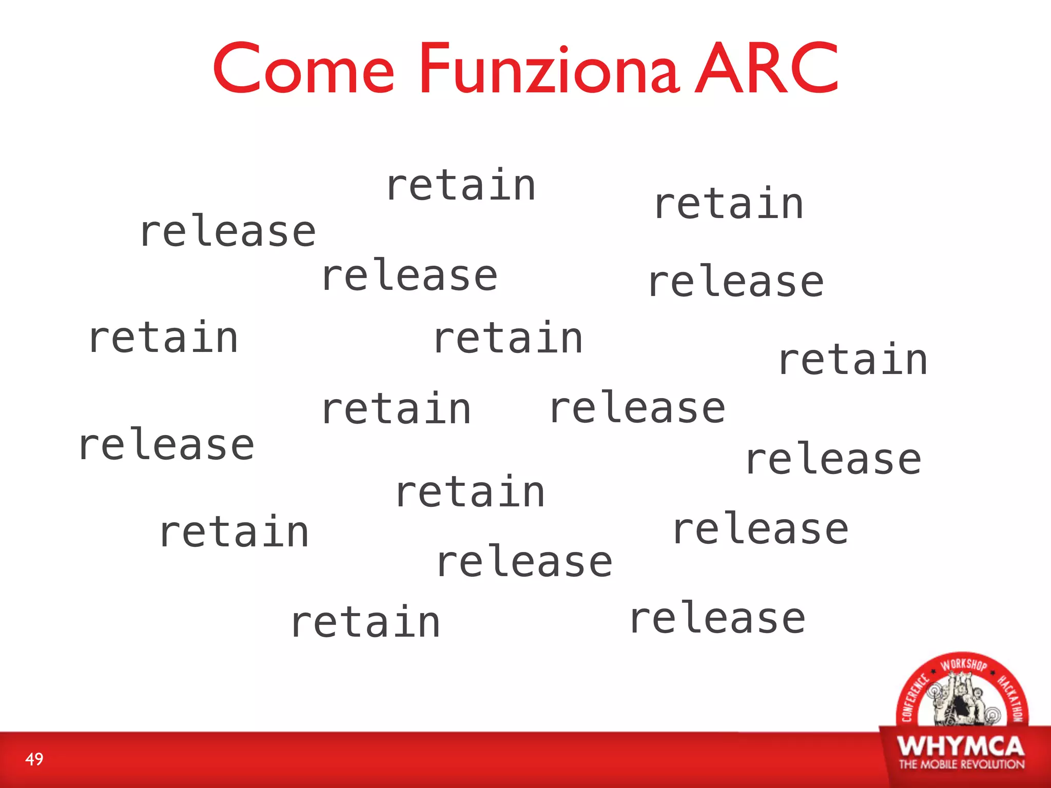 Come Funziona ARC
                   retain       retain
       release
              release          release
     retain       retain               retain
                 retain     release
     release                          release
                   retain
        retain                  release
                     release
               retain        release


49
 