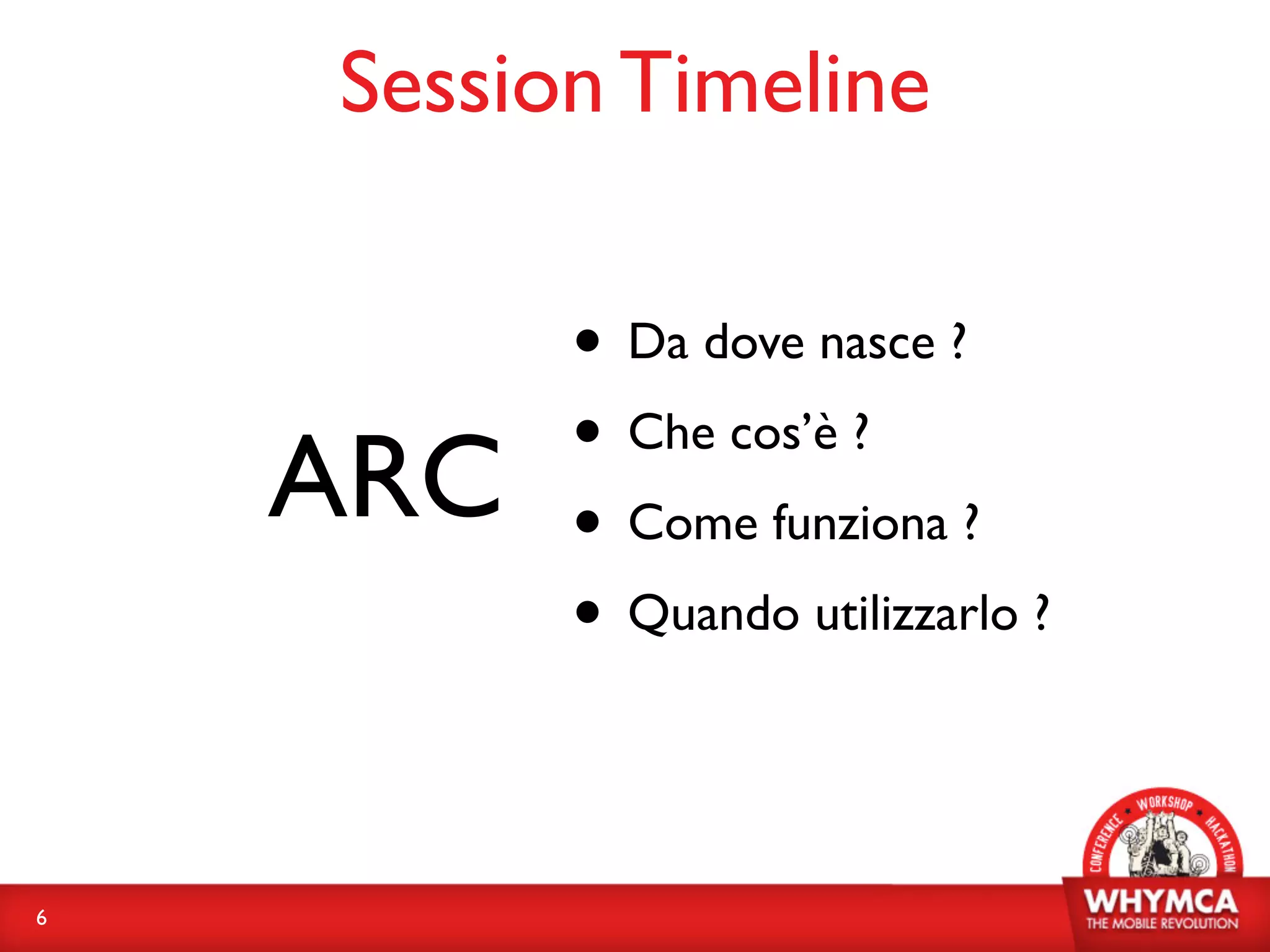 Session Timeline

          • Da dove nasce ?
          • Che cos’è ?
    ARC   • Come funziona ?
          • Quando utilizzarlo ?


6
 