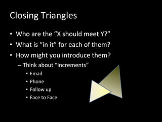 Closing Triangles <ul><li>Who are the “X should meet Y?” </li></ul><ul><li>What is “in it” for each of them? </li></ul><ul...