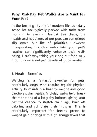 Why Mid-Day Pet Walks Are a Must for
Your Pet?
In the bustling rhythm of modern life, our daily
schedules are typically packed with tasks from
morning to evening. Amidst this chaos, the
health and happiness of our pets can sometimes
slip down our list of priorities. However,
incorporating mid-day walks into your pet's
routine can significantly enhance their well-
being. Here’s why taking your dog out for a walk
around noon is not just beneficial, but essential.
1. Health Benefits
Walking is a fantastic exercise for pets,
particularly dogs, who require regular physical
activity to maintain a healthy weight and good
cardiovascular health. Mid-day walks help break
the monotony of a long day indoors, giving your
pet the chance to stretch their legs, burn off
calories, and stimulate their muscles. This is
particularly important for breeds prone to
weight gain or dogs with high energy levels that
 