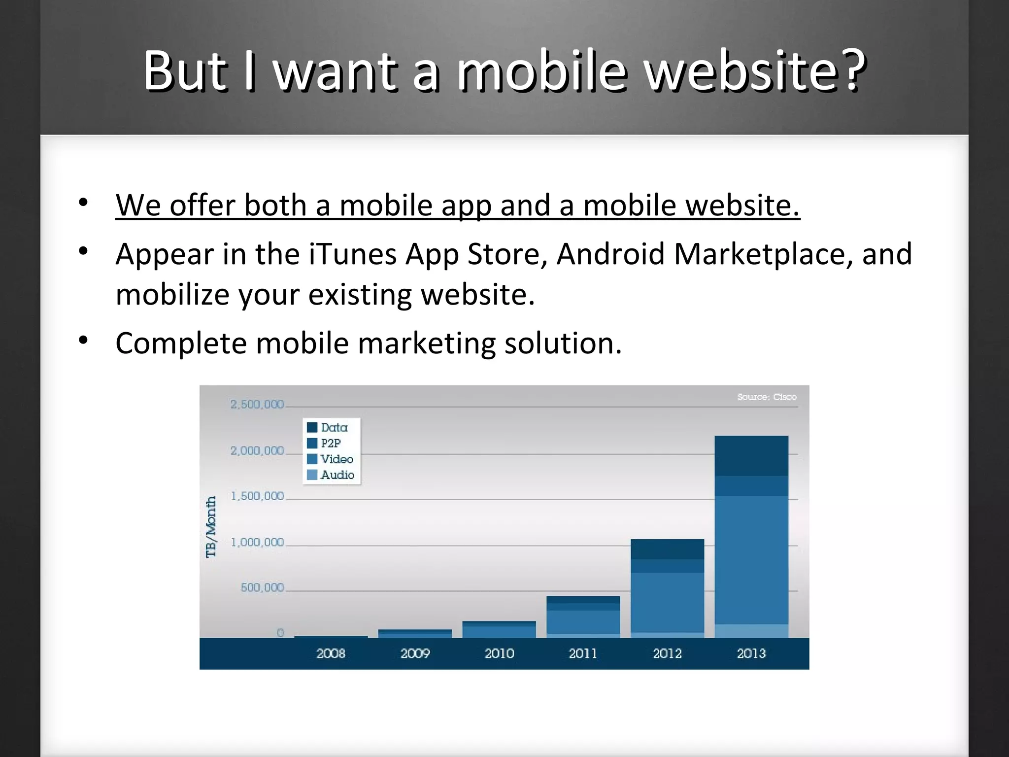 But I want a mobile website?But I want a mobile website?
• We offer both a mobile app and a mobile website.
• Appear in the iTunes App Store, Android Marketplace, and
mobilize your existing website.
• Complete mobile marketing solution.
 