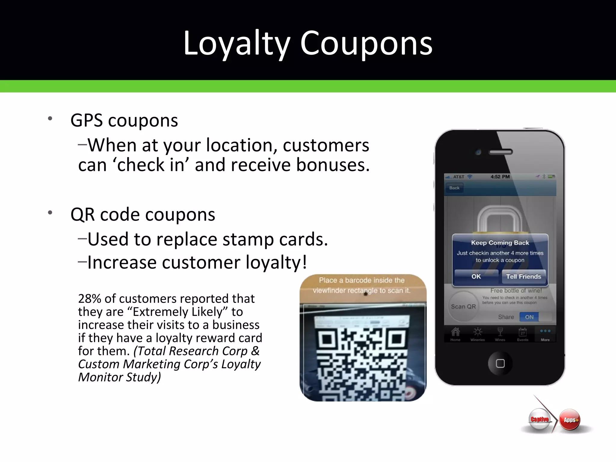 Loyalty Coupons
• GPS coupons
–When at your location, customers
can ‘check in’ and receive bonuses.
• QR code coupons
–Used to replace stamp cards.
–Increase customer loyalty!
28% of customers reported that
they are “Extremely Likely” to
increase their visits to a business
if they have a loyalty reward card
for them. (Total Research Corp &
Custom Marketing Corp’s Loyalty
Monitor Study)
 