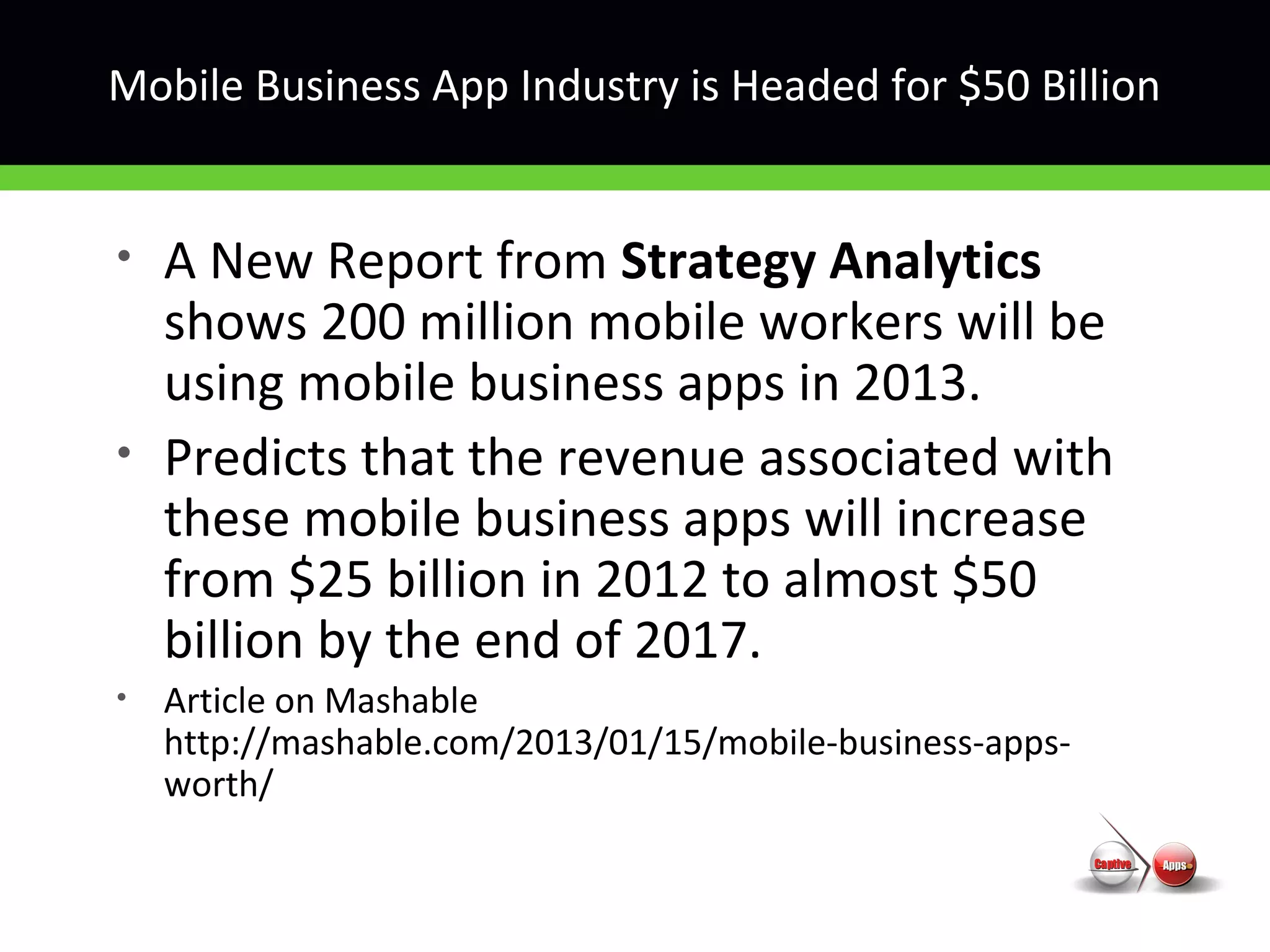 Mobile Business App Industry is Headed for $50 Billion
• A New Report from Strategy Analytics
shows 200 million mobile workers will be
using mobile business apps in 2013.
• Predicts that the revenue associated with
these mobile business apps will increase
from $25 billion in 2012 to almost $50
billion by the end of 2017.
• Article on Mashable
http://mashable.com/2013/01/15/mobile-business-apps-
worth/
 