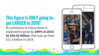 Place your screenshot
here
Place your screenshot
here
This figure is ONLY going to
get LARGER in 2016!
M-commerce in China...