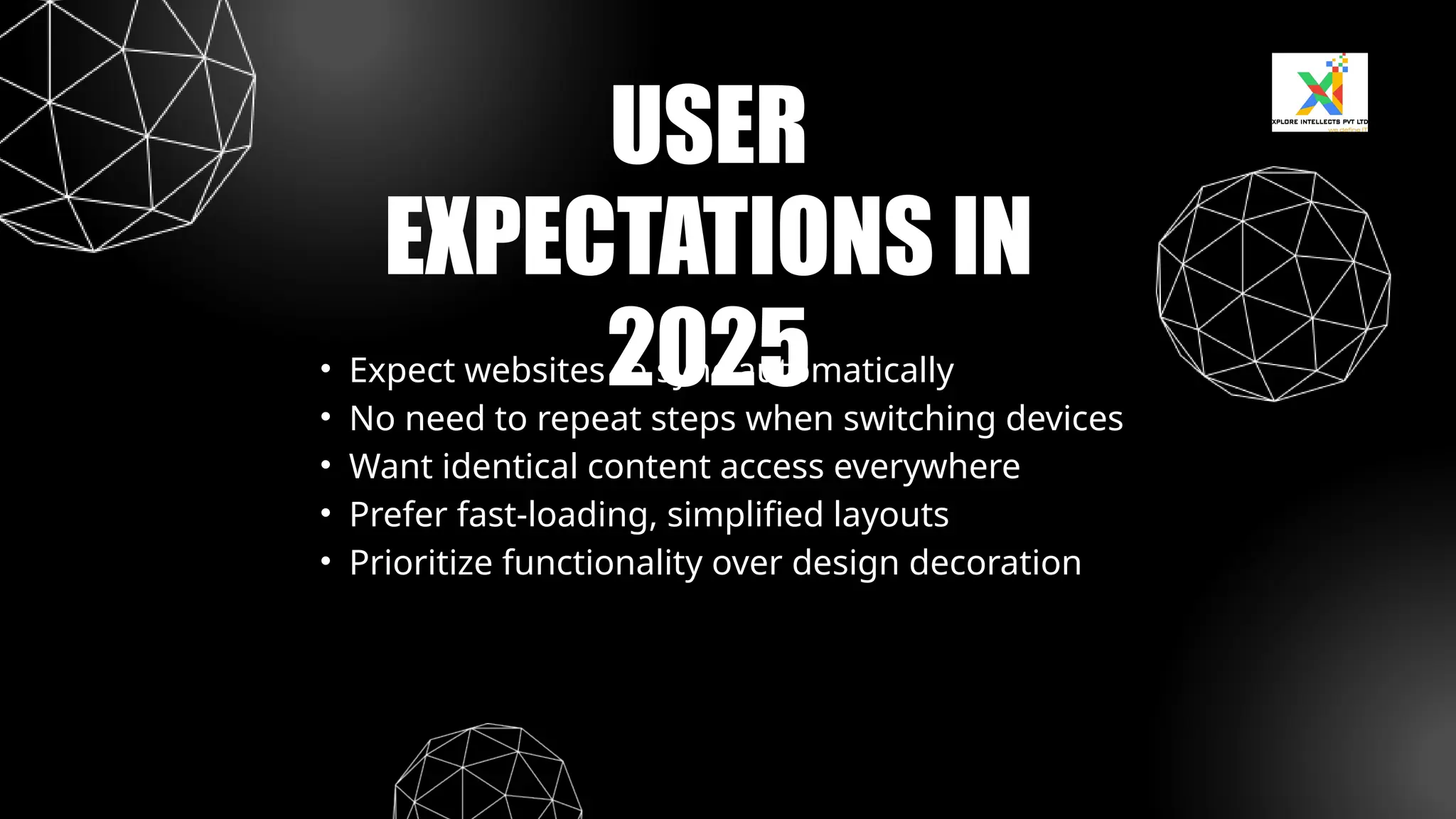 USER
EXPECTATIONS IN
2025
• Expect websites to sync automatically
• No need to repeat steps when switching devices
• Want identical content access everywhere
• Prefer fast-loading, simplified layouts
• Prioritize functionality over design decoration
 