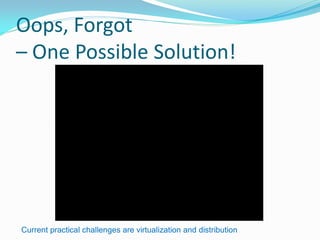 Oops, Forgot
– One Possible Solution!
Current practical challenges are virtualization and distribution
 