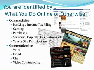 You are Identified by…
What You Do Online or Otherwise!
 Commodities
 Banking / Income Tax Filing
 Gaming
 Purchases
 Services: Hospitals, Gas Stations, etc.
 Voyeur Site Participation (Porn)
 Communication
 Voice
 Email
 Chat
 Video Conferencing
 
