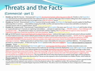 Threats and the Facts
(Commercial - part 1)
 October 19, Help Net Security - (International) Kaspersky download site hacked, redirecting users to fake AV. October 17, the Kaspersky’s
USA download site provided download links that redirected users to a malicious Web page where windows telling them their computer was
infected were popping up and they were encouraged to buy a fake AV solution. Source: www.net-security.org
 October 19, V3.co.uk - (International) RealPlayer receives critical security update. Real Networks has issued a security update for RealPlayer,
addressing flaws in versions …. vulnerabilities ranging from buffer overflow and injection flaws to issues that could allow an attacker to
remotely execute code on a targeted system. Source: www.v3.co.uk/v3/news
 October 18, Computerworld - (International) ‘Unprecedented wave’ of Java exploits hits users, says Microsoft. Microsoft said October 18 that
an “unprecedented wave” of attacks are exploiting vulnerabilities …. attempts to exploit Java bugs …. “IDS/IPS vendors ... have challenges with
parsing Java code,” … the performance impact on a network IPS could be crippling. [So] the people that we expect to notice increases in
exploitation might have a hard time seeing this. Call it Java-blindness.” Source: www.computerworld.com
 July 19, SCADA System’s Hard-Coded Password Circulated Online for Years - malware that targets command-and-control software installed
in critical infrastructures uses a known default password that the software maker hard-coded into its system.…. SCADA, short for “supervisory
control and data acquisition,” systems are programs installed in utilities and manufacturing facilities to manage the operations. SCADA
…potentially vulnerable to remote attack by malicious outsiders who might want to seize control of utilities for purposes of sabotage,
espionage or extortion. “Default passwords are and have been a major vulnerability for many years,” said Steve Bellovin, …“It’s irresponsible to
put them in, in the first place…. If that’s the way the Siemens systems works, they were negligent.” Siemens did not respond to a request for
comment. Source: www.wired.com
 October 20, Softpedia - (International) Fake Firefox and Chrome warning pages distribute malware. Security researchers warn a new
malware distribution campaign uses fake versions of the malicious site warnings commonly displayed by Firefox and Google Chrome. Security
researchers from F-Secure now warn malware pushers are increasingly abusing the trust users associate with these warnings to infect them.
Malicious Web sites that mimic both Firefox’s “Reported Attack Page” alert, as well as Chrome’s “this site may harm your computer” warning,
have been spotted. The pages look exactly the same as the real thing, except for a button that reads “Download Updates,” suggesting that
security patches are available for the browsers. The executable files served when these buttons are pressed install rogue antivirus programs …
the users who land on these latest sites discovered by F-Secure are also exposed to drive-by downloads via a hidden IFrame, which loads the
Phoenix exploit kit. Source: news.softpedia.com
 October 20, Trusteer - (International) Trusteer reports hackers improve Zeus Trojan to retain leadership in crimeware race. Trusteer reported October
20 it has captured and analyzed a new version (2.1) of the Zeus financial malware. New capabilities include: URL matching based on a full
implementation of the Perl Compatible Regular Expressions (PCRE) library. This allows much more flexibility for Zeus’s configuration to define targets.
Source: www.trusteer.com
 