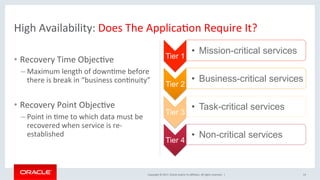 Copyright	©	2017,	Oracle	and/or	its	aﬃliates.	All	rights	reserved.		|	
•  Recovery	Time	ObjecNve	
– Maximum	length	of	downNme	before	
there	is	break	in	“business	conNnuity”	
	
•  Recovery	Point	ObjecNve	
– Point	in	Nme	to	which	data	must	be	
recovered	when	service	is	re-
established	
Tier 1	
•  Mission-critical services	
Tier 2
•  Business-critical services
Tier 3
•  Task-critical services
Tier 4
•  Non-critical services
14	
High	Availability:	Does	The	ApplicaNon	Require	It?	
 