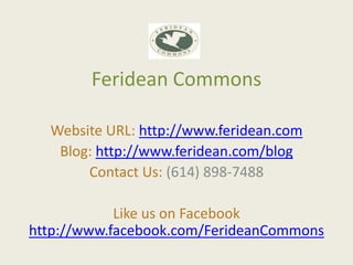 Feridean Commons

  Website URL: http://www.feridean.com
   Blog: http://www.feridean.com/blog
       Contact Us: (614) 898-7488

            Like us on Facebook
http://www.facebook.com/FerideanCommons
 