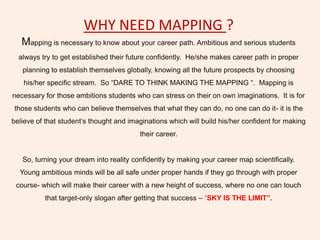 WHY NEED MAPPING ?
Mapping is necessary to know about your career path. Ambitious and serious students
always try to get established their future confidently. He/she makes career path in proper
planning to establish themselves globally, knowing all the future prospects by choosing
his/her specific stream. So “DARE TO THINK MAKING THE MAPPING “. Mapping is
necessary for those ambitions students who can stress on their on own imaginations. It is for
those students who can believe themselves that what they can do, no one can do it- it is the
believe of that student’s thought and imaginations which will build his/her confident for making
their career.
So, turning your dream into reality confidently by making your career map scientifically.
Young ambitious minds will be all safe under proper hands if they go through with proper
course- which will make their career with a new height of success, where no one can touch
that target-only slogan after getting that success – “SKY IS THE LIMIT”.