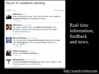 Real time
    information,
    feedback
    and news.




http://search.twitter.com
 