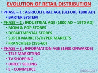 EVOLUTION OF RETAIL DISTRIBUTION
• PHASE – 1 : AGRICULTURAL AGE (BEFORE 1800 AD)
• BARTER SYSTEM
• PHASE – 2 : INDUSTRIAL AGE (1800 AD – 1970 AD)
• MOM & POP STORES
• DEPARTMENTAL STORES
• SUPER MARKETS/HYPER MARKETS
• FRANCHISES (195-60)
• PHASE – 3 : INFORMATION AGE (1980 ONWARDS)
• TELE MARKETING
• TV SHOPPING
• DIRECT SELLING
• E - COMMERCE
 