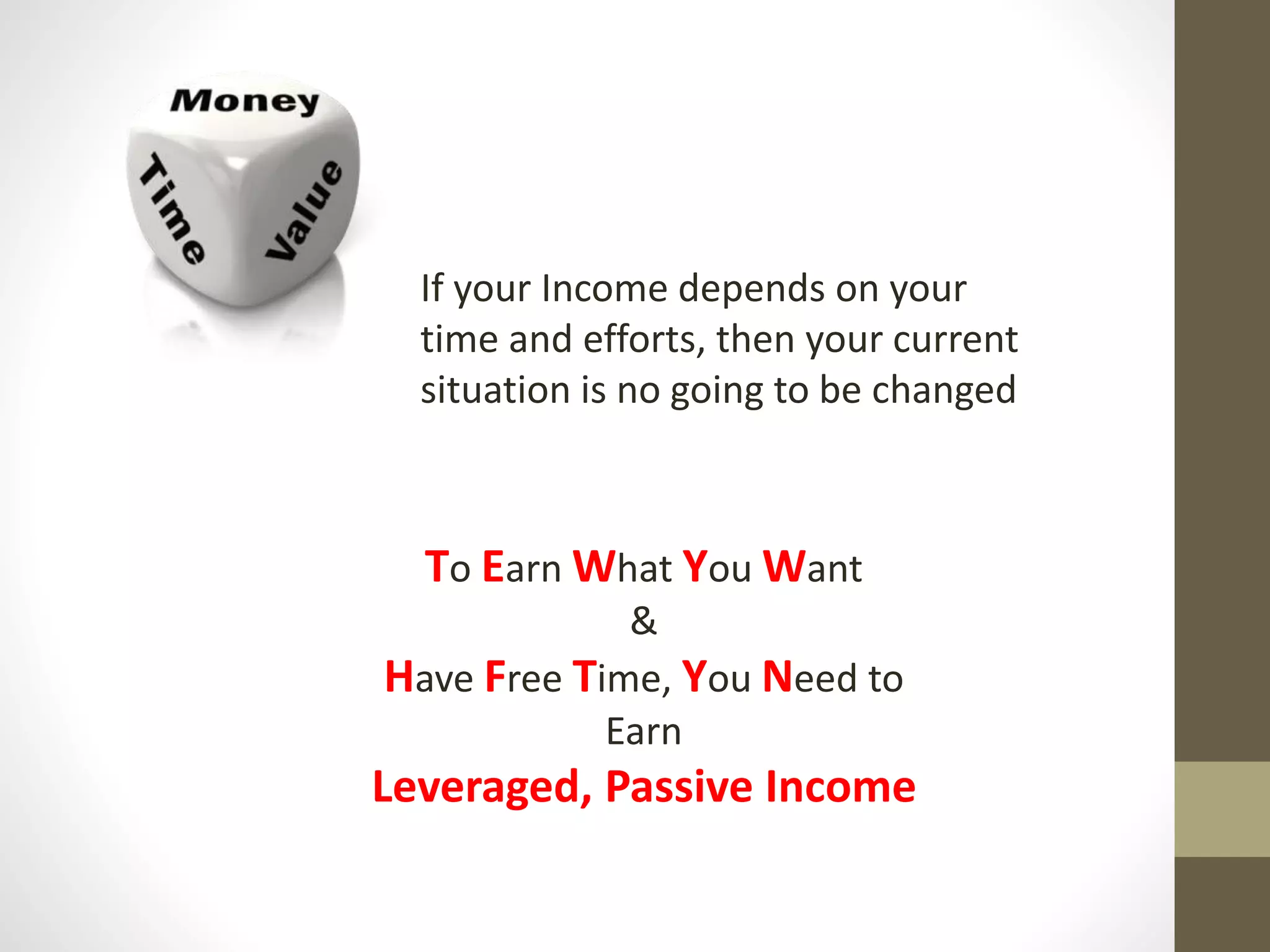 If your Income depends on your
time and efforts, then your current
situation is no going to be changed
To Earn What You Want
&
Have Free Time, You Need to
Earn
Leveraged, Passive Income
 