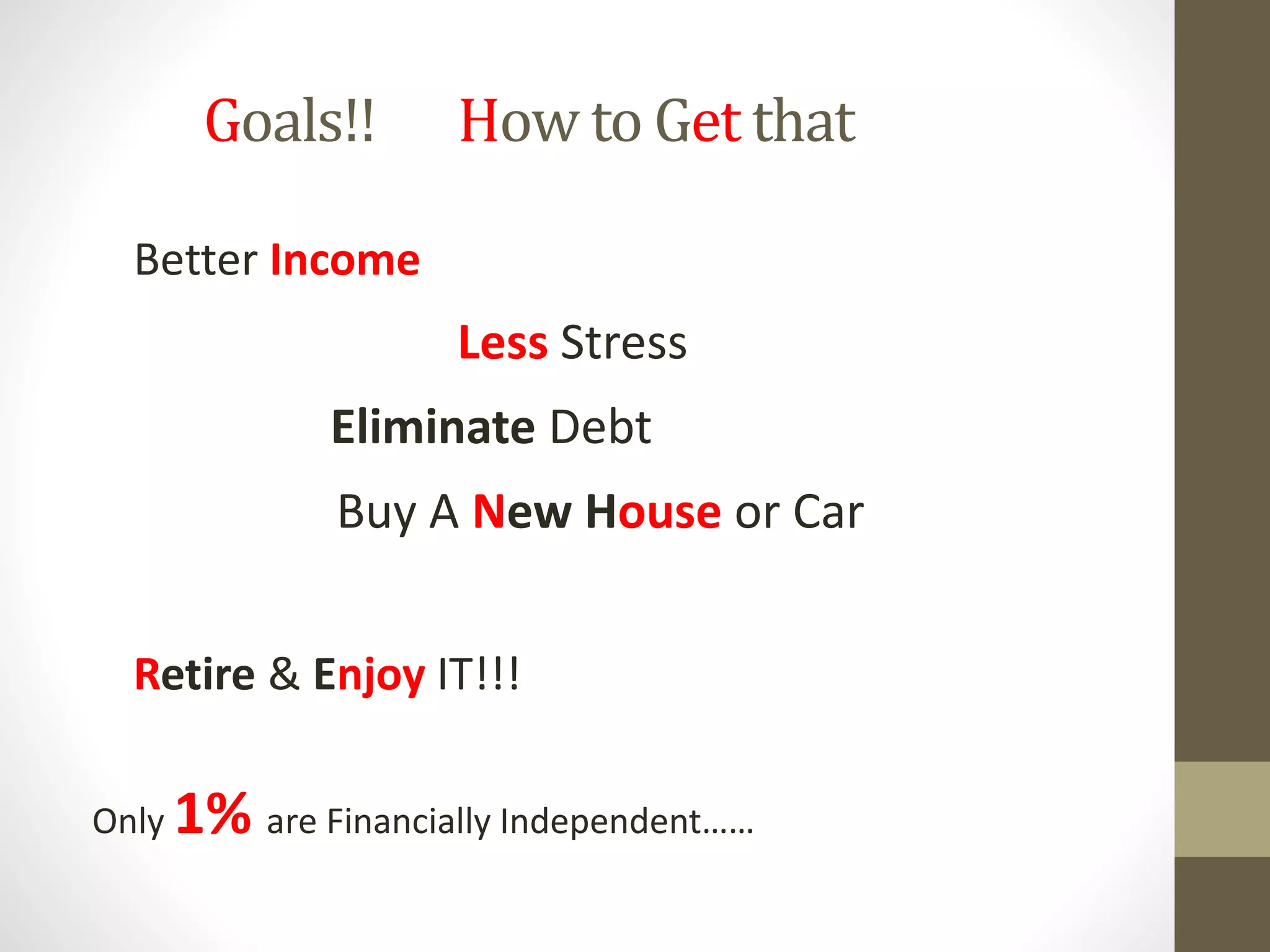 Goals!! How to Get that
Better Income
Less Stress
Eliminate Debt
Buy A New House or Car
Retire & Enjoy IT!!!
Only 1% are Financially Independent……
 