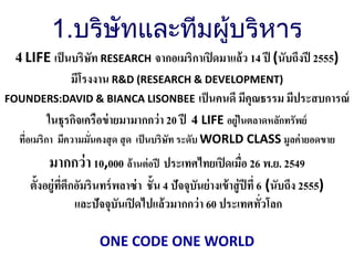 1.บริษัทและทีมผู้บริหาร
  4 LIFE เป็ นบริษัท RESEARCH จากอเมริกาเปิ ดมาแล้ว 14 ปี (นับถึงปี 2555)
           มีโรงงาน R&D (RESEARCH & DEVELOPMENT)
FOUNDERS:DAVID & BIANCA LISONBEE เป็ นคนดี มีคุณธรรม มีประสบการณ์
      ในธุรกิจเครือข่ ายมามากกว่ า 20 ปี 4 LIFE อยู่ในตลาดหลักทรัพย์
  ทีอเมริกา มีความมันคงสุ ด สุ ด เป็ นบริษัท ระดับ WORLD CLASS มูลค่ ายอดขาย
    ่               ่
          มากกว่ า 10,000 ล้านต่อปี ประเทศไทยเปิ ดเมื่อ 26 พ.ย. 2549
     ตั้งอยู่ทตึกอัมรินทร์ พลาซ่ า ชั้น 4 ปัจจุบันย่ างเข้ าสู่ ปีที่ 6 (นับถึง 2555)
              ี่
                 และปัจจุบันเปิ ดไปแล้วมากกว่ า 60 ประเทศทั่วโลก

                       ONE CODE ONE WORLD
 