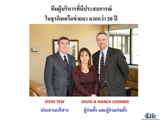 ทีมผู้บริหารทีมีประสบการณ์
                  ่
 ในธุรกิจเครือข่ ายมา มากกว่ า 20 ปี




 STEVE TEW        DAVID & BIANCA LISONBEE

ประธานบริหาร       ผู้ก่อตัง และผู้ร่วมก่ อตัง
                           ้                 ้
 