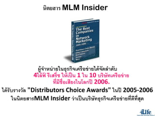 นิตยสาร MLM Insider




                 ผู้จำหน่ ำยในธุรกิจเครือข่ ำยได้ จดลำดับ
                                                   ั
                4ไล้ ฟ รีเสริ์ช ให้ เป็ น 1 ใน 10 บริษัทเครือข่ ำย
                      ์
                          ที่มีช่ ือเสียงในโลกปี 2006.
ได้ รับรำงวัล "Distributors Choice Awards" ในปี 2005-2006
      ในนิตยสำรMLM Insider ว่ ำเป็ นบริษัทธุรกิจเครือข่ ำยที่ดีท่ สุด
                                                                   ี
 