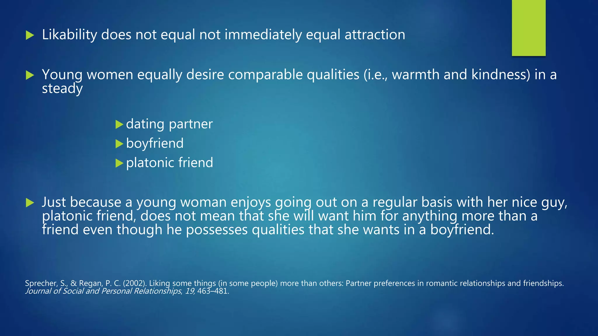  Likability does not equal not immediately equal attraction
 Young women equally desire comparable qualities (i.e., warmth and kindness) in a
steady
dating partner
boyfriend
platonic friend
 Just because a young woman enjoys going out on a regular basis with her nice guy,
platonic friend, does not mean that she will want him for anything more than a
friend even though he possesses qualities that she wants in a boyfriend.
Sprecher, S., & Regan, P. C. (2002). Liking some things (in some people) more than others: Partner preferences in romantic relationships and friendships.
Journal of Social and Personal Relationships, 19, 463–481.
 