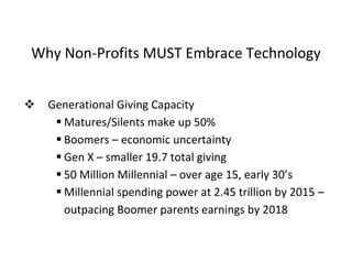 Why Non-Profits MUST Embrace Technology


   Generational Giving Capacity
      Matures/Silents make up 50%
      Boomers – economic uncertainty
      Gen X – smaller 19.7 total giving
      50 Million Millennial – over age 15, early 30’s
      Millennial spending power at 2.45 trillion by 2015 –
       outpacing Boomer parents earnings by 2018
 
