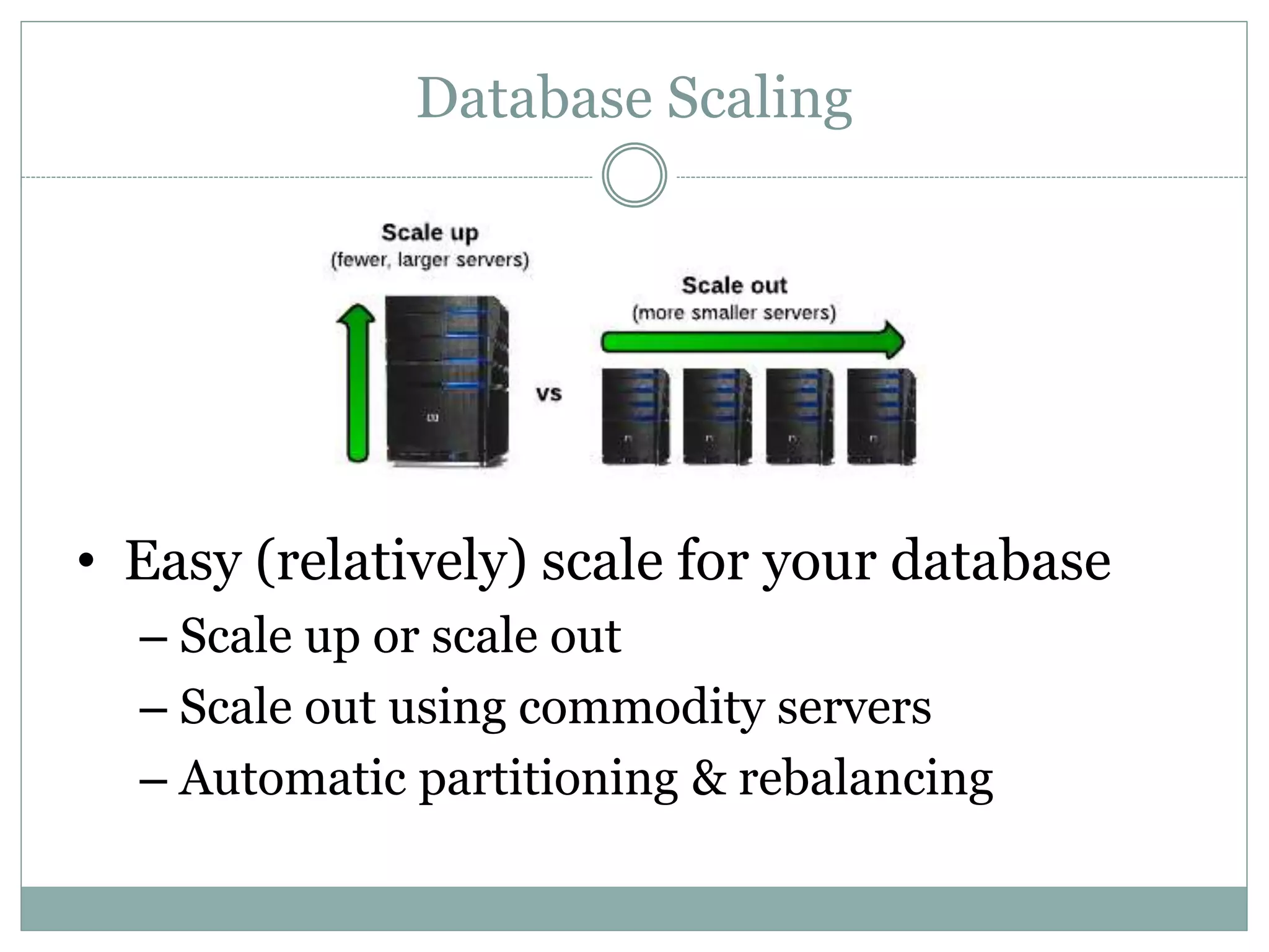 Database Scaling
• Easy (relatively) scale for your database
– Scale up or scale out
– Scale out using commodity servers
– Automatic partitioning & rebalancing
 