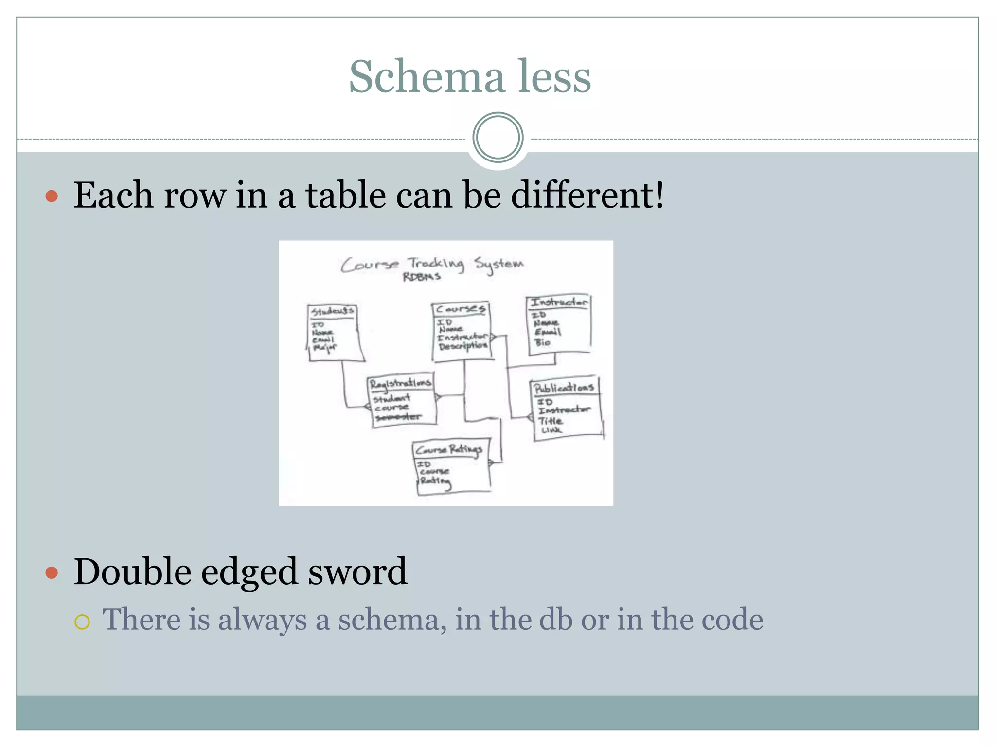 Schema less
 Each row in a table can be different!
 Double edged sword
 There is always a schema, in the db or in the code
 