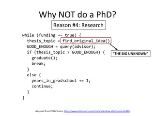 Why NOT do a PhD?Reason #4: Researchwhile (funding == true) {  thesis_topic = find_original_idea();  GOOD_ENOUGH = query(advisor);  if (thesis_topic > GOOD_ENOUGH) {    graduate();    break;  }  else {    years_in_gradschool += 1;    continue;  }}“THE BIG UNKNOWN”Adapted from PhD Comics, http://www.phdcomics.com/comics/archive.php?comicid=626