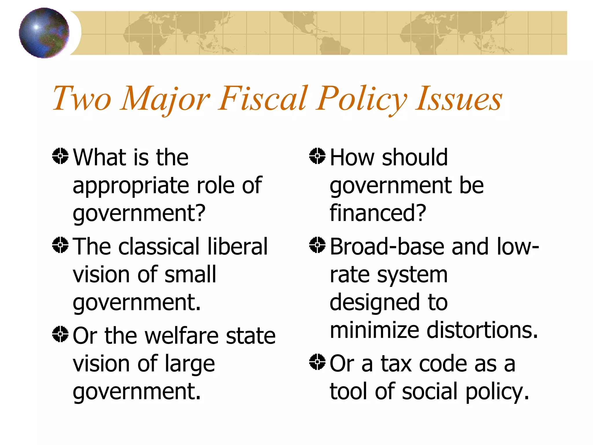 Two Major Fiscal Policy Issues What is the appropriate role of government? The classical liberal vision of small government. Or the welfare state vision of large government. How should government be financed? Broad-base and low-rate system designed to minimize distortions. Or a tax code as a tool of social policy. 