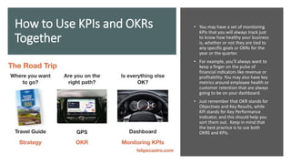 How to Use KPIs and OKRs
Together
• You may have a set of monitoring
KPIs that you will always track just
to know how healthy your business
is, whether or not they are tied to
any specific goals or OKRs for the
year or the quarter.
• For example, you’ll always want to
keep a finger on the pulse of
financial indicators like revenue or
profitability. You may also have key
metrics around employee health or
customer retention that are always
going to be on your dashboard.
• Just remember that OKR stands for
Objectives and Key Results, while
KPI stands for Key Performance
Indicator, and this should help you
sort them out. Keep in mind that
the best practice is to use both
OKRS and KPIs.
 