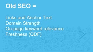 Old SEO =
Links and Anchor Text
Domain Strength
On-page keyword relevance
Freshness (QDF)
 