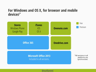 For Windows and OS X, for browser and mobile
devices(*
Microsoft Office 2013
Included in all versions.
Office 365
Onenote.com
Onedrive.com
iTunes
iOS
OS X
Stores
Windows Phone
Google Play
Free
Premium
*)All versions in all
platforms are
synchronized.
@outilammi
 