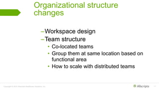 Copyright © 2015 Allscripts Healthcare Solutions, Inc. 11
Organizational structure
changes
–Workspace design
–Team structure
• Co-located teams
• Group them at same location based on
functional area
• How to scale with distributed teams
 