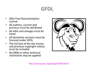 GFDL GNU Free Documentation License All authors, current and previous must be attributed All edits and changes must be listed All derivative versions must be licensed under GFDL The full text of the the license and previous copyright notices must be included No DRM or other technical restrictions may be applied http://www.gnu.org/copyleft/fdl.html 